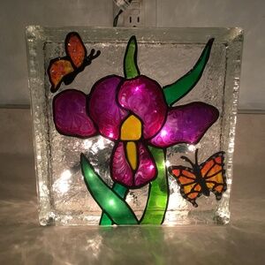 Hand Painted Stained Glass Purple Iris and Monarchs Large Light up Glass Block